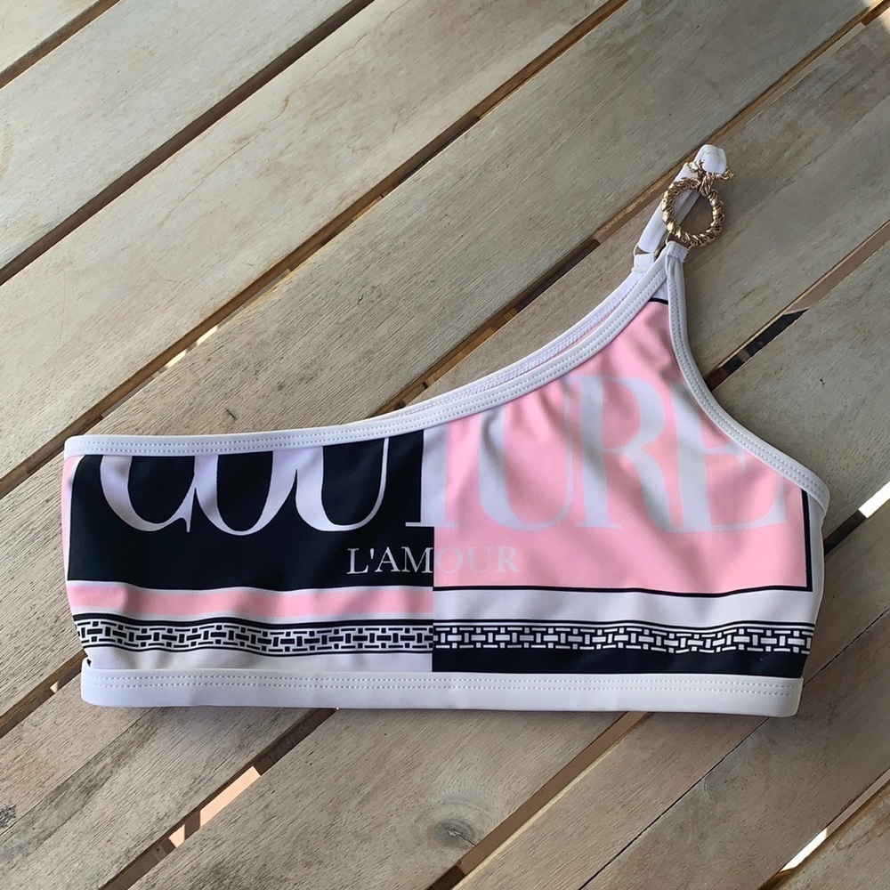 L’AMOUR RESORT Asymmetrical Pink Bikini Top with Gold Hardware